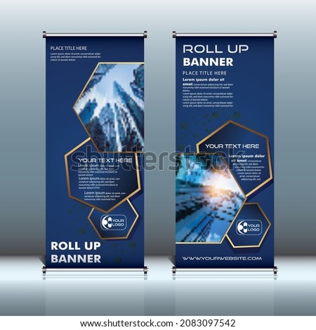 roll u banner design vertical template vector Full editable, Blue background, modern x-banner and flag-banner, rectangle size