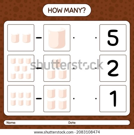 How many counting game with marshmallow. worksheet for preschool kids, kids activity sheet