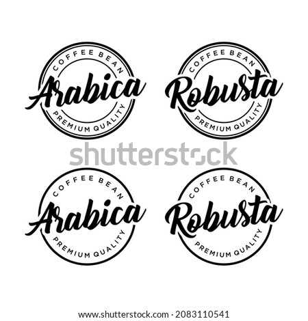 Set of Robusta, Arabica, coffee bean logo handwritten lettering with label badge emblem design vector template