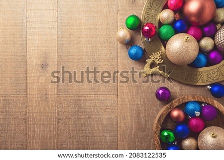 Merry Christmas and Happy New Year background with modern decorations. Top view with copy space