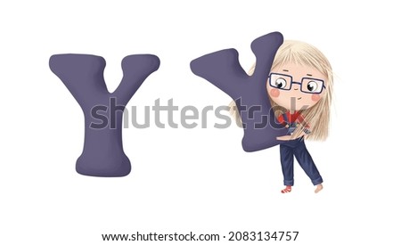Cute little girl with letter "Y" on white background. Learn alphabet clip art collection on white background