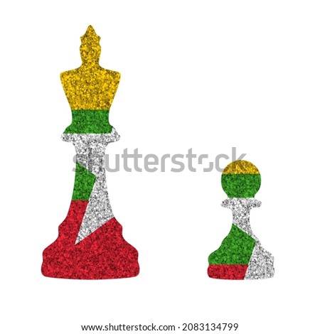 Bright glitter chess figures queen and pawn silhouettes in colors of national flag. Myanmar