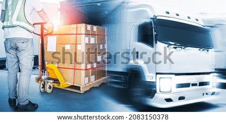 Double Exposure Photo of Worker using Hand Pallet Jack Loading Package Boxes into Cargo Container. Trucks Driving on the Road. Distribution Center. Truck Freight Logistics and Cargo Transport Concept.