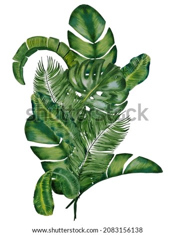 Composition of tropical green leaves and palm branches. Watercolor hand drawn botanical illustration of the jungle. Wall art, poster, picture, background, logo, wallpaper, postcard, art elements