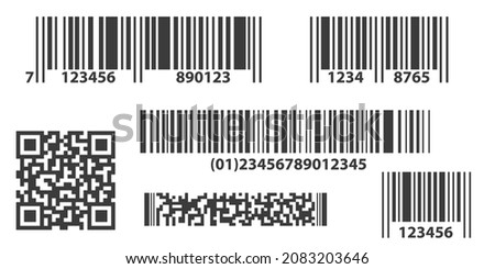 Ean code, linear barcodes, set of icons. product label mark to scan, sticker, digital identification tag. black stripes isolated on white background. Vector illustration