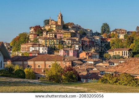 Panoramic sight of Monforte d'Alba village during fall season. Langhe region of Piedmont, Cuneo, Italy. Royalty-Free Stock Photo #2083205056