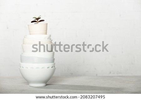 Stacked white clean plates and house plant on the table, space for text