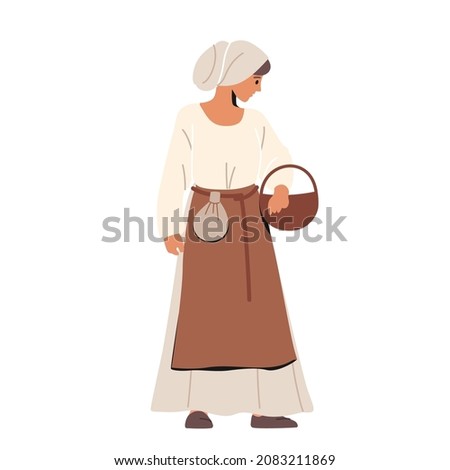 Medieval Woman Peasant Wear Historical Clothes Holding Basket in Hands Isolated on White Background. Female Character Personage of Middle Ages, Ancient Girl. Cartoon People Vector Illustration Royalty-Free Stock Photo #2083211869