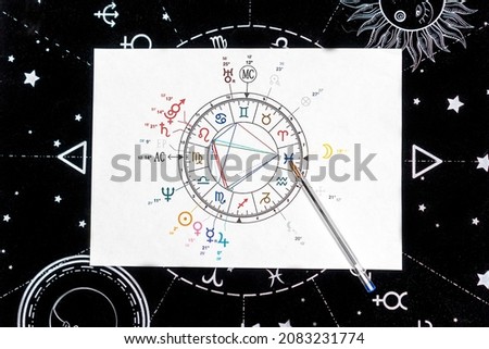 natal chart on paper against the background of the signs of the zodiac. Royalty-Free Stock Photo #2083231774