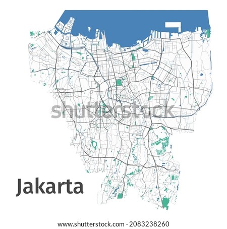 Jakarta vector map. Detailed map of Jakarta city administrative area. Cityscape panorama. Royalty free vector illustration. Outline map with highways, streets, rivers. Tourist decorative street map. Royalty-Free Stock Photo #2083238260
