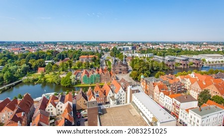 Aerial panoramic view of Lubeck city with the Holsten Gate, Schleswig-Holstein, Germany