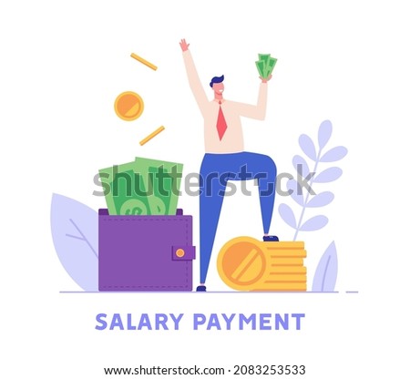 Man stands with a new income, received a salary. Concept of salary payment, salary increase, rise, businessman, financial growth. Vector illustration in flat design Royalty-Free Stock Photo #2083253533
