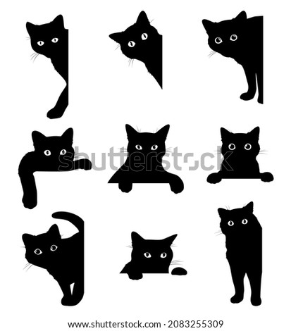 Black cat peeking out of corner set vector flat illustration. Collection funny looking feline with mustache and tail isolated. Comic emotional domestic animal with paw spy, hiding, hunting or playing