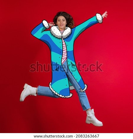 Jumping girl in drawn warm clothes in cold weather. Digital fashion collection. Modern design, contemporary creative art collage. Inspiration, idea, relationship, fashion and style. Copyspace for ad