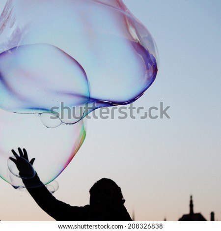 bubbles bubble Hand reaching giant soap against sky synthwave duotone prism synth vapor chill wave stock, photo, photograph, picture, image