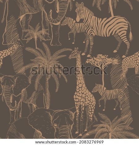 African animals seamless vector pattern. Surface design for fabric, wallpaper, wrapping paper, invitation cards, scrapbooking. Monochrome brown, dark beige color.