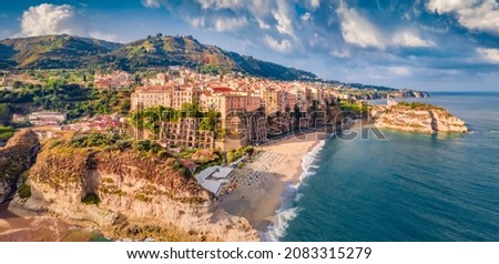 Marvelous morning cityscape of Tropea town, Italy, Europe. Stunning summer scene of east coast of Calabria. Attractive seascape of Mediterranean sea. Vacation concept background.
