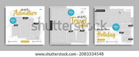 Holiday travel, traveling or summer beach travelling social media post or web banner template design. Tourism business marketing flyer or poster with abstract digital background, logo and icon. Royalty-Free Stock Photo #2083334548