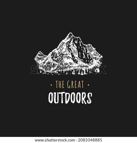 Mountain landscape with text The Great Outdoors, hand drawn illustration. Mount peak with forest on black background, sketch in vector, used for travel poster, label etc. 