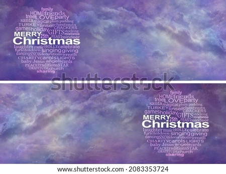 Merry Christmas Word Cloud Message Website Banner - Two wide romantic purple night sky backgrounds with an Xmas circular word cloud on one side and space for text opposite