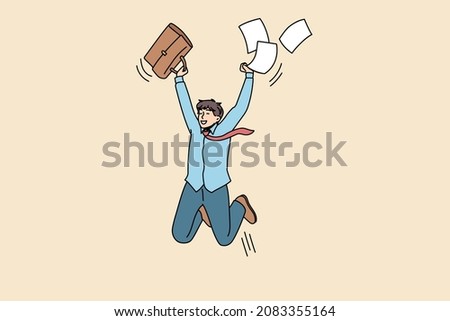 Overjoyed guy student jump with paperwork excited with high exam mark or test pass. Smiling man employee triumph get promotion news from work. Success, achievement concept. Vector illustration. Royalty-Free Stock Photo #2083355164