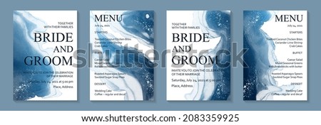 Modern watercolor background or elegant card design for birthday invite or wedding or menu with abstract blue ink waves and silver splashes.