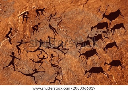 Cave art pattern made of ancient wild animals, horses and hunters. Rock paintings. Hunting scenes. palaeolithic Petroglyphs carved in rocks. Stones with petroglyphs. people get food