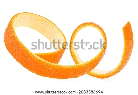 Spiral form of juicy orange zest isolated on a white background. Fresh citrus twist.