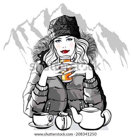 Mountain - Young woman having breakfast before skiing - vector illustration