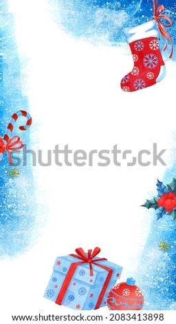 Christmas flyer with Santa Claus boot and gifts on snowy background for advertising, sale, invitation. Happy New Year, Merry Christmas. Watercolor