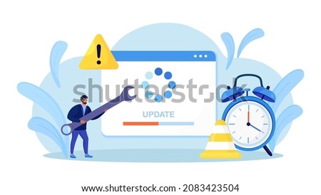 System Update. Tiny programmers upgrading operating system. IT specialists updating software, programs and applications. Technical error, service. Web page with updating progress bar and alarm clock