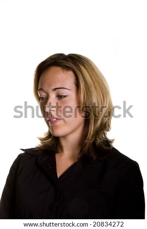 A blonde in a black shirt on a white background looking down and right