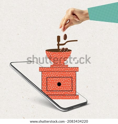 Online shopping. Contemporary art collage of coffee grinder appearing from phone screen isolated on white background. Concept of delivery service, online shopping, food, technology. Copy space for ad