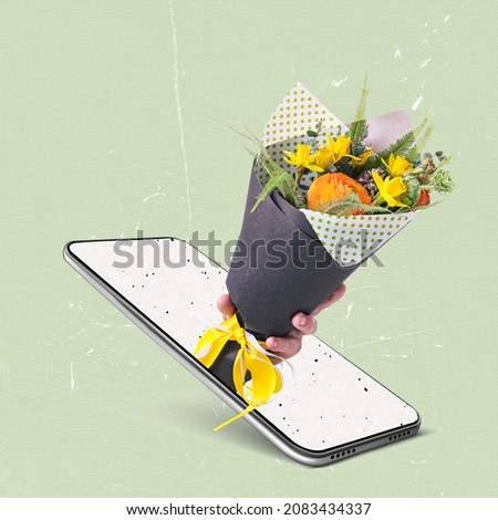 Contemporary art collage of slowers appearing from phone screen isolated over green background. Online order and delivery. Concept of online shopping, comfort, surprise. Copy space for ad