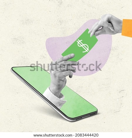 Contemporary art collage of hands passing money sticking out of phone screen isolated over white background. Online payments. Concept of money transmission, remittance, technology. Copy space for ad