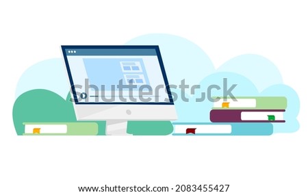 items for distance learning, computer standing on the table, and textbooks vector illustration