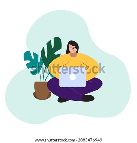 woman working on laptop. Online study, education, freelance work concept	
