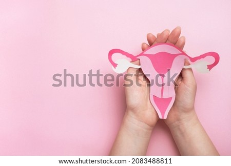 Women's health, gynecology and reproductive system concept. Woman hands holding decorative model uterus on pink background. Top view, copy space Royalty-Free Stock Photo #2083488811