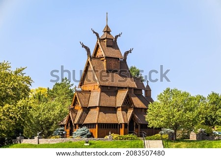 Stave church of Norwegian design found in Minot, North Dakota with architecture similar to structures found in Norway Royalty-Free Stock Photo #2083507480