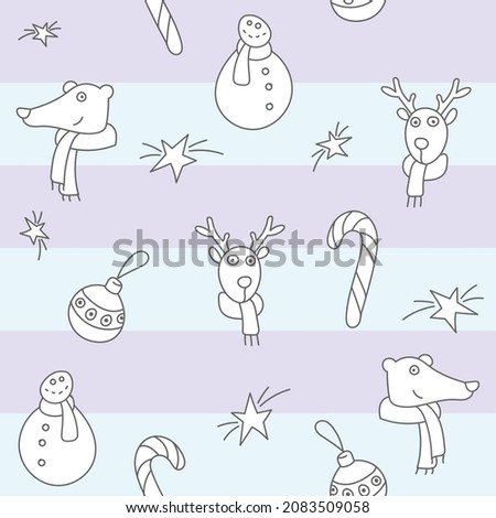 seamless picture with a winter theme, children's sketches, striped background. Children's design for printing on fabric, paper, products, wallpaper, plastic. Light colors, christmas pattern.