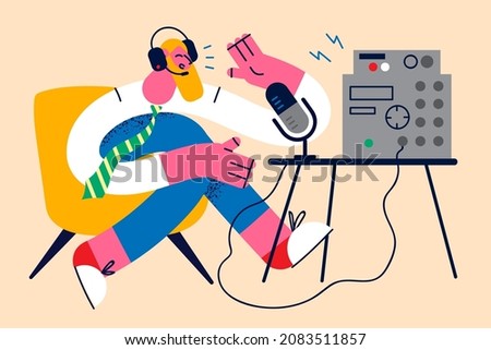 Smiling man in headphones talk on radio on microphone have session with listeners. Happy male presenter or host speak on podcast on mic in air. Live broadcast concept. Flat vector illustration. 