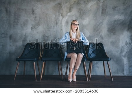 Full size photo of smart real estate lawyer lady sit chair wait company owner partnership meeting in modern office