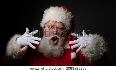Funny Santa Claus shout and gesture explaining rules , black background