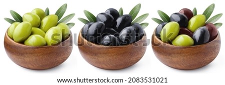 Set of wooden bowls with olives, isolated on white background Royalty-Free Stock Photo #2083531021