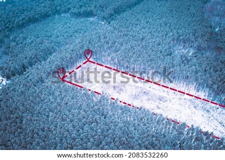 Deforestation Ecology concept. Empty Plot in winter forest with felled trees: Aerial drone shot of illegal logging on a winter frosty day. Felling trees on land in the forest for construction.