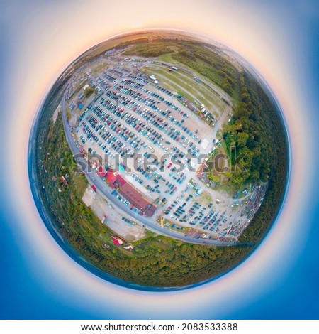 Ivano-Frankivsk, Ukraine, August 15, 2021: Aerial photo panorama by drone copter of the automotive market of used cars, the largest in Western Ukraine, Europe.  Spherical panorama 360.