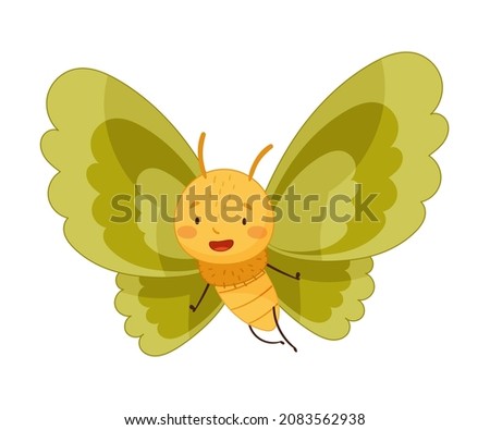 Adorable flying baby butterfly with green wings and funny face cartoon vector illustration