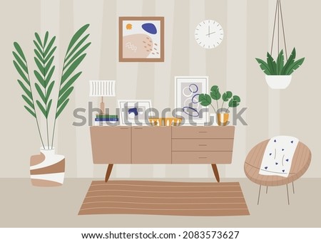Modern interior with dresser, armchair and houseplants. Vector illustration in flat style Royalty-Free Stock Photo #2083573627