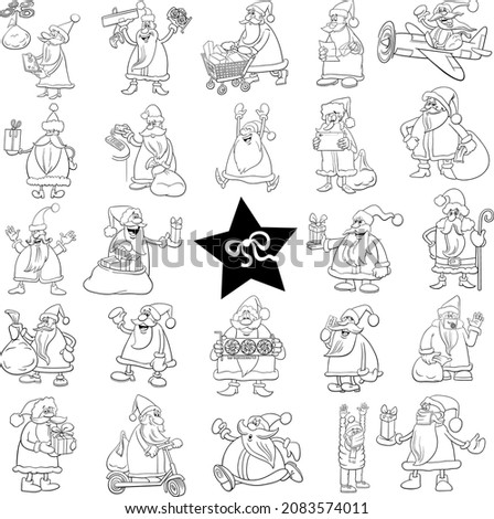 Black and white cartoon illustration of Santa Claus Christmas holiday characters big set