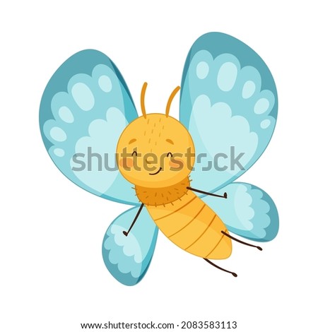 Adorable baby butterfly with light blue wings and happy smiling face cartoon vector illustration